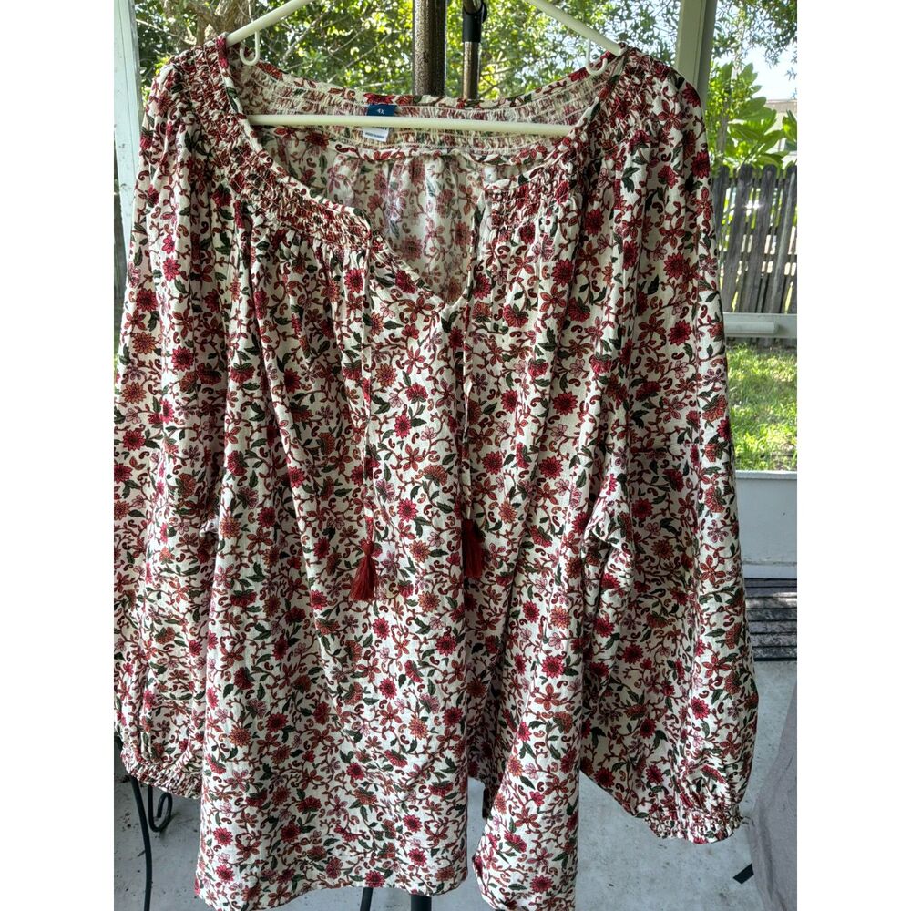 Old Navy Sz 4 Poet Peasant Blouse Floral Botanical Tassel Cotton Work Church